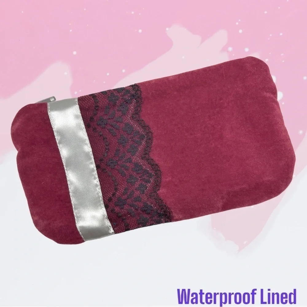 Waterproof Make Up Bag Maroon Velvet W/ Lace